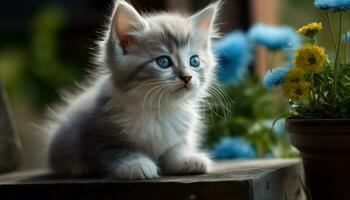 schattig katje zittend buitenshuis, staren met blauw ogen, speels en nieuwsgierig gegenereerd door ai foto