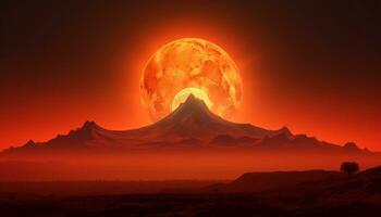 gloeiend zonsondergang silhouetten majestueus berg reeks in rustig Afrikaanse landschap gegenereerd door ai foto