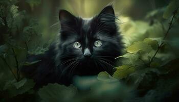 schattig katje zittend Aan gras, op zoek Bij camera in natuur gegenereerd door ai foto