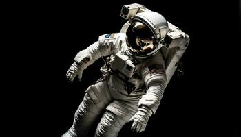 futuristische astronaut in zwart ruimte pak onderzoekt ruimteschip gegenereerd door ai foto