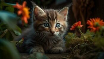 schattig katje zittend in gras, staren met speels nieuwsgierigheid gegenereerd door ai foto