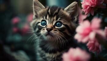 schattig katje zittend buitenshuis, staren Bij bloem met nieuwsgierigheid gegenereerd door ai foto