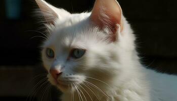 schattig katje zittend buitenshuis, staren met blauw ogen, pluizig vacht gegenereerd door ai foto