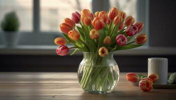 een levendig boeket van tulpen brengt natuur schoonheid binnenshuis gegenereerd door ai foto