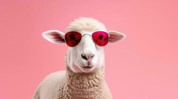 portret van grappig geit vervelend zonnebril Aan roze achtergrond foto