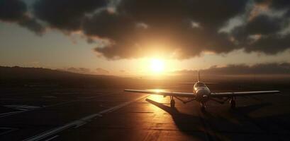 vliegtuig vliegend Bij zonsondergang, vervoeren passagiers in de reclame industrie gegenereerd door ai foto