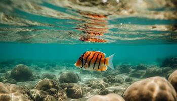 onderwater- vis zwemmen in de blauw tropisch klimaat, hieronder koraal gegenereerd door ai foto