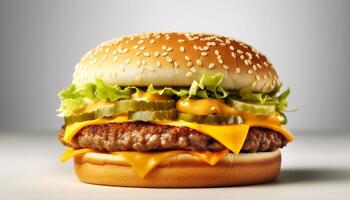 gegrild cheeseburger met tomaat, ui, en sesam zaad bun gegenereerd door ai foto