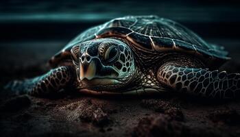 dichtbij omhoog van een schattig zee schildpad zwemmen in de blauw zee gegenereerd door ai foto