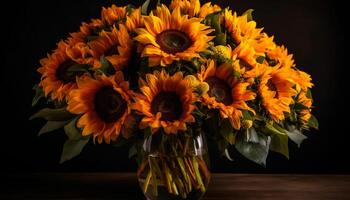 een levendig boeket van zonnebloemen en madeliefjes Aan een houten tafel gegenereerd door ai foto