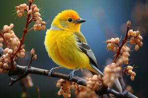 mooi geel en blauw vogel Aan een Afdeling van een bloeiende boom foto