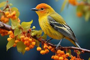 mooi geel en blauw vogel Aan een Afdeling van een bloeiende boom foto