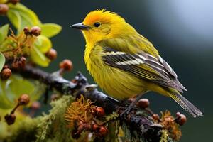 mooi geel en blauw vogel Aan een Afdeling van een bloeiende boom foto