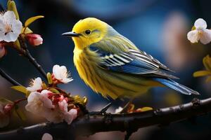 mooi geel en blauw vogel Aan een Afdeling van een bloeiende boom foto