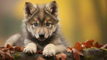 schattig puppy van Alaska malamute in herfst Woud foto