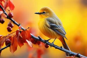 mooi geel en blauw vogel Aan een Afdeling van een bloeiende boom foto