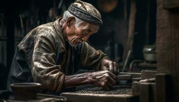 een geschoold timmerman werken binnenshuis, bouwen met hout en leer gegenereerd door ai foto