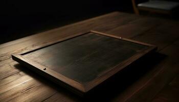 houten tafel met oud boek Aan donker achtergrond, rustiek en leeg gegenereerd door ai foto