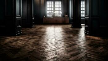 oude hout vloeren Leidt naar een modern, elegant Ingang hal gegenereerd door ai foto