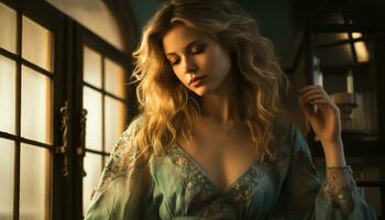 een mooi jong vrouw met blond haar- zittend door de venster gegenereerd door ai foto