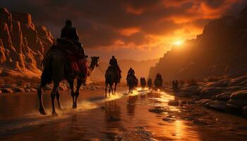 silhouet van mannen wandelen met kamelen in Afrikaanse zonsondergang landschap gegenereerd door ai foto