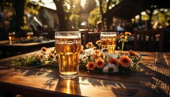 vers bier in een glas, genieten van natuur Bij een buitenshuis kroeg gegenereerd door ai foto