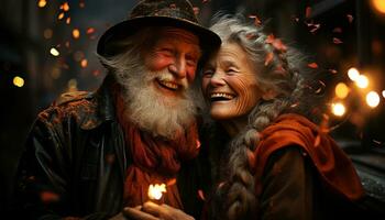 glimlachen mannen en Dames vieren geluk, liefde, en relaties buitenshuis gegenereerd door ai foto