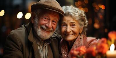 glimlachen mannen en Dames, volwassenen in liefde, omarmen buitenshuis, geluk gegenereerd door ai foto