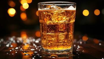 whisky glas Aan donker tafel, ijs, goud achtergrond, verfrissend drinken gegenereerd door ai foto