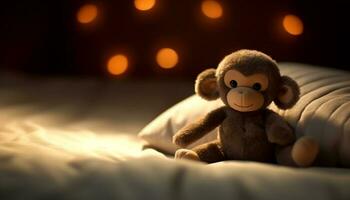 schattig dier Aan bed met speelgoed, nacht, teddy beer binnenshuis gegenereerd door ai foto