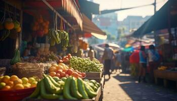 vers fruit en groenten verkocht Bij een bruisend straat markt gegenereerd door ai foto