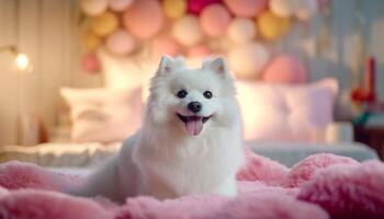 schattig puppy spelen Aan bed brengt vreugde naar knus slaapkamer gegenereerd door ai foto