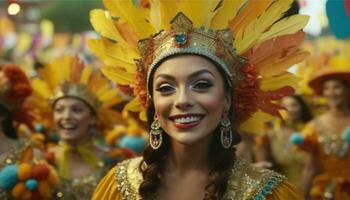 glimlachen Dames in traditioneel kleding optocht, vieren braziliaans cultuur blij gegenereerd door ai foto