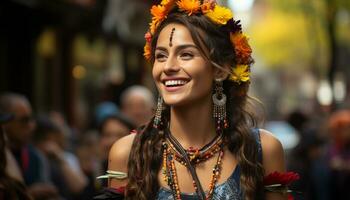 een jong vrouw glimlachen buitenshuis, vieren een traditioneel festival gegenereerd door ai foto