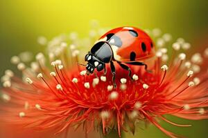 lieveheersbeestje Aan rood bloem macro detailopname mooi natuur achtergrond, lieveheersbeestje Aan paardebloem bloem detailopname. natuur achtergrond, ai gegenereerd foto