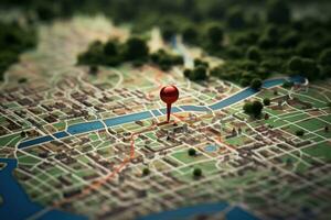 kaart van de stad met een rood pin. 3d weergave, plaats markering met een pin Aan een kaart met zichtbaar routes, ai gegenereerd foto