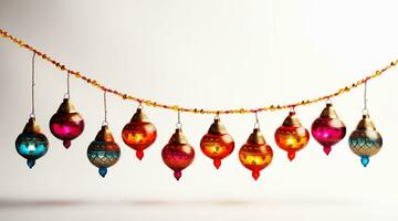 kleurrijk Kerstmis ornamenten van divers vormen hangende Aan een gouden kraal keten foto