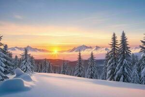 winter met vers sneeuw gedekt bossen en bergen Bij zonsopkomst. achtergrond. ai generatief pro foto