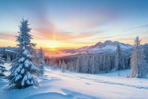 winter met vers sneeuw gedekt bossen en bergen Bij zonsopkomst. achtergrond. ai generatief pro foto