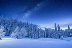 winter met vers sneeuw gedekt bossen en bergen Bij nacht. achtergrond. ai generatief pro foto