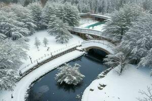 winter Bij de tuin, tonen een brug over- bevroren water en bomen gedekt met sneeuw. achtergrond. ai generatief pro foto