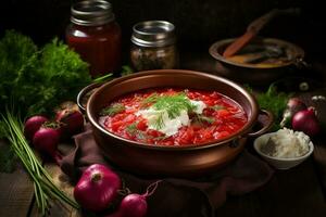 traditioneel oekraïens borsjt . kom van rood rode biet soep borsjt met wit room. traditioneel oekraïens voedsel keuken ai generatief foto