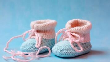 jongen of meisje breiwerk voor pasgeboren, haken. slofjes, top visie Aan een zacht roze blauw beige achtergrond, tederheid, breiwerk naalden, wol, kant lint, ai gegenereerd foto