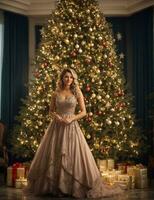 een mooi vrouw met Kerstmis boom, gelukkig nieuw jaar concept, ai gegenereerd foto