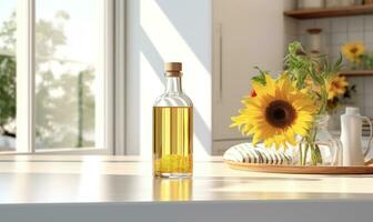 fles van zonnebloem olie in de wit licht keuken met houten gevels en huishoudelijke apparaten ai gegenereerd foto