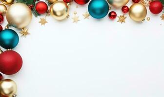 kader van mooi gouden, blauw, rood, wit, groen Kerstmis ornamenten ai gegenereerd foto