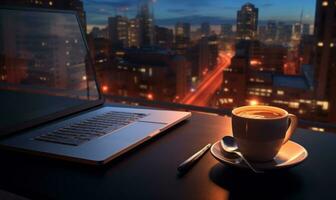 heet koffie en laptop Aan een tafel in de buurt een panoramisch venster Aan de top verdieping van een wolkenkrabber met een visie van de nacht stad ai gegenereerd foto