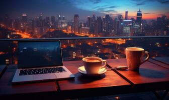 heet koffie en laptop Aan een tafel in de buurt een panoramisch venster Aan de top verdieping van een wolkenkrabber met een visie van de nacht stad ai gegenereerd foto