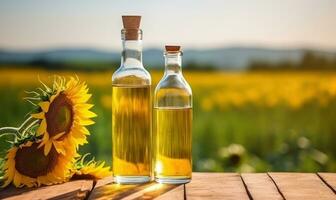 transparant fles van olie staat Aan een houten tafel Aan van een veld- van zonnebloemen achtergrond ai gegenereerd foto