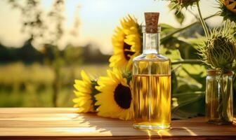 transparant fles van olie staat Aan een houten tafel Aan van een veld- van zonnebloemen achtergrond ai gegenereerd foto